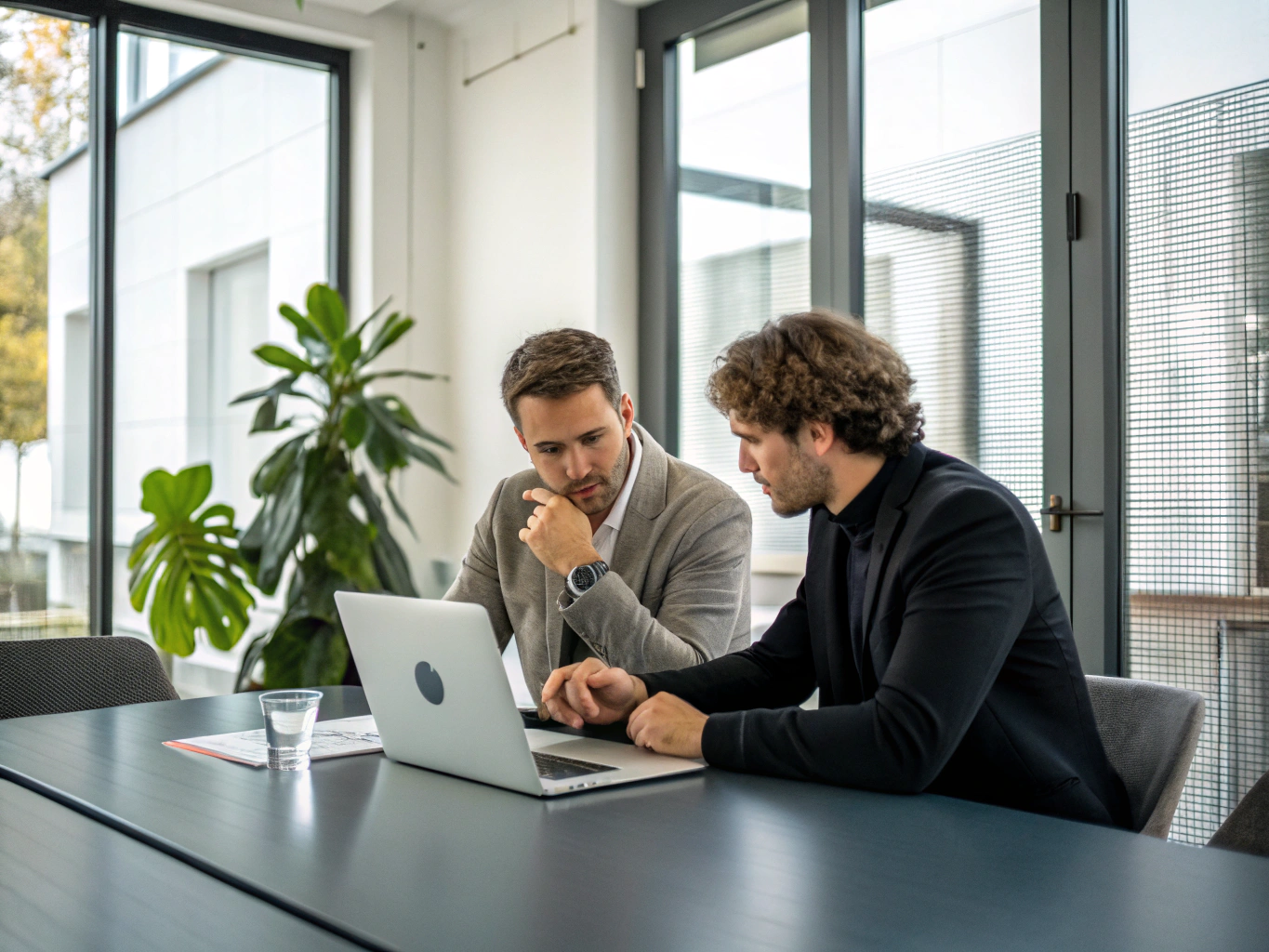 Commercial recruitment consultant and client discussing strategy in a bright contemporary UK office